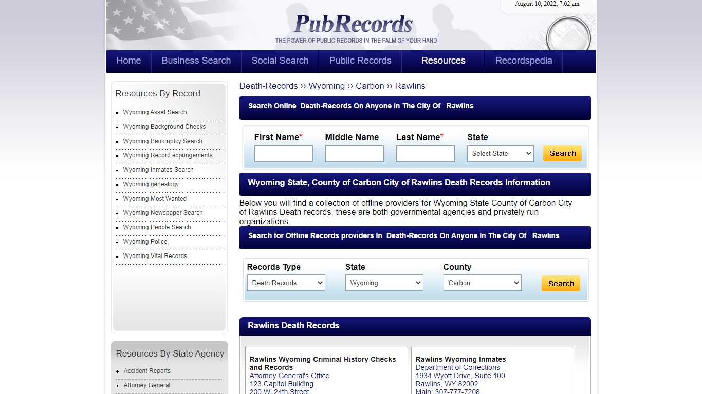 Rawlins, Carbon County, Wyoming Death Records