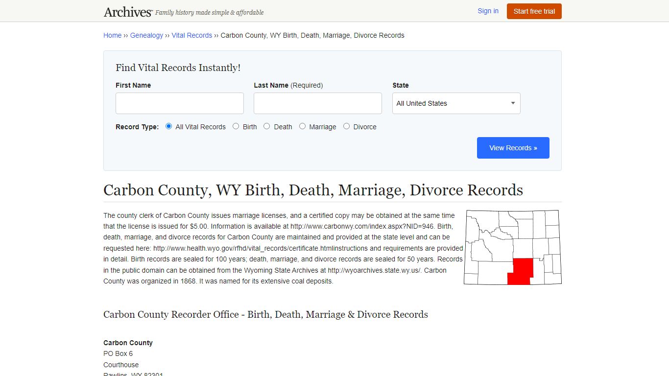 Carbon County, WY Birth, Death, Marriage, Divorce Records